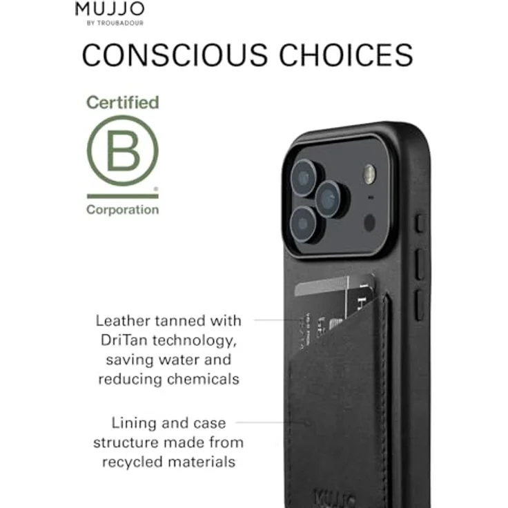 Mujjo Wallet Leather Case für iPhone 17 Pro - Velore-Leder, MagSafe-kompatibel, Kartenfach für 2-3 Karten, schwarz – Bild 4
