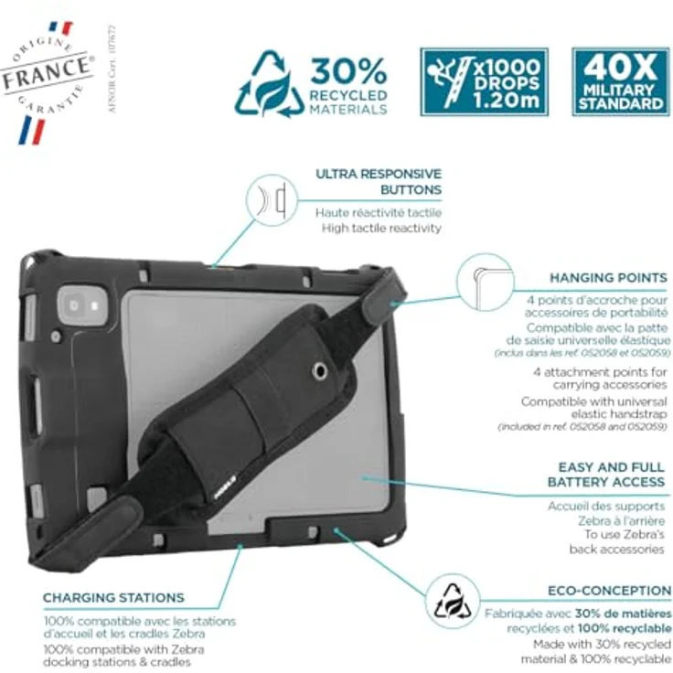 MOBILIS Verstärkte Schutzhülle für Zebra Tablet ET40 ET45 8", stoßfest mit Handschlaufe und Stifthalter, 40x sturzsicherer als Militärstandard, aus recycelten Materialien, schwarz – Bild 3