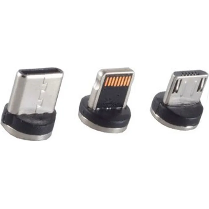 S/CONN maximum connectivity Ersatz-Magnetstecker Set, 3in1 mit Halter für USB Micro-B, USB-C und 8-Pin, Farbe Schwarz und Silber