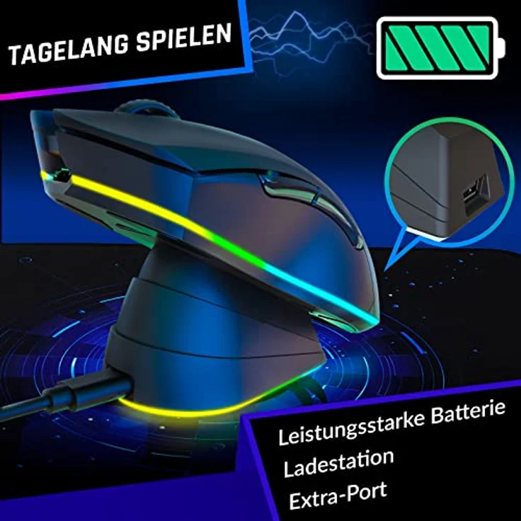KLIM Blaze Pro Wiederaufladbare kabellose Maus - NEU 2024 - Gaming Maus mit RGB und Ladestation - Hochpräziser Sensor - Bis zu 6000 DPI - Für PC - Mattschwarz – Bild 4