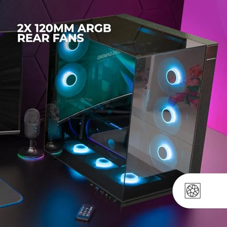 MARS GAMING MC-3GFPRO, ATX Gaming-Gehäuse mit dreifachem verspiegeltem Glas, 2x 120mm ARGB-Lüfter, vertikaler GPU-Montage und Carbonfaser-Finish, Schwarz – Bild 2