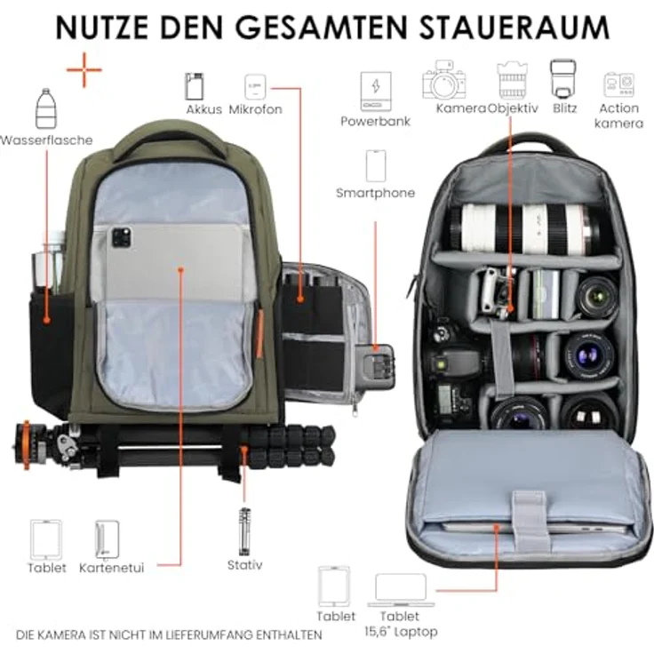 TARION Kamerarucksack, wasserdichter Fotorucksack für Spiegelreflexkameras, 15 Zoll Laptopfach, leicht und kompakt, grün – Bild 2