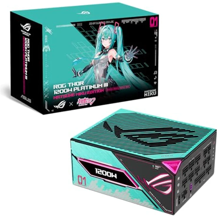 ASUS ROG Thor 1200W Platinum III Hatsune Miku Edition ARGB Gaming Netzteil, ATX 3.1 kompatibel, 80Plus Platinum, GaN-MOSFET, GPU-First-Spannungsmessung, magnetisches OLED-Display, Blau, Grün, Pink – Bild 1