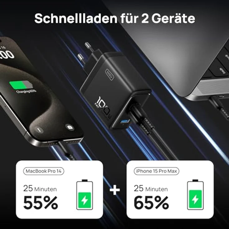 INIU 100W USB C SchnellLadegerät (GaN Ⅲ) 3 Ports Laptop Netzteil PD PPS Fast Charger für MacBook iPad Pro/Air, iPhone 15 14 Pro Max, Samsung S24/23 Ultra - Kompakt & Platzsparend – Bild 4
