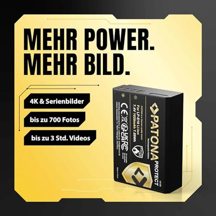 PATONA LP-E10 Protect Akku 1020mAh, kompatibel mit Canon EOS 1100D, 1200D, 1300D, 2000D, 4000D, feuerhemmendes Gehäuse und optimale Temperatursteuerung – Bild 2