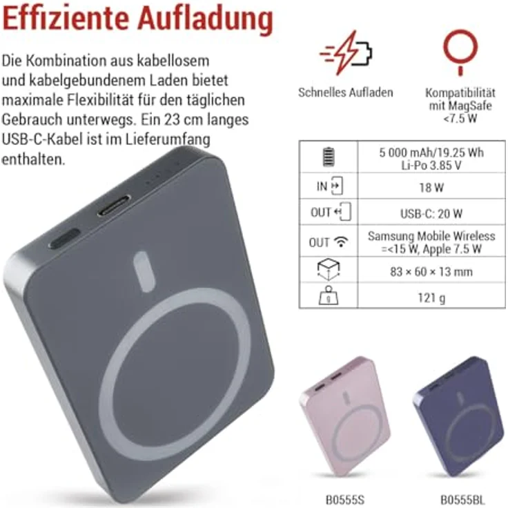 EMOS Powerbank 5 000 mAh WI 522 mit Magnet - magnetischer externer Akku mit Passthrough und Wireless-Charging - USB-C-Ausgang - grau – Bild 2