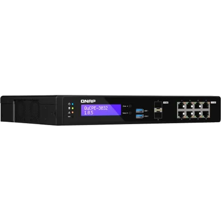 QNAP QuCPE-3032-C3558R-8G Intel Atom C3558R 8x2.5GbE RJ45 ports and 2x10GbE SFP+ ports 2xM.2 2280 NV, NAS, Schwarz