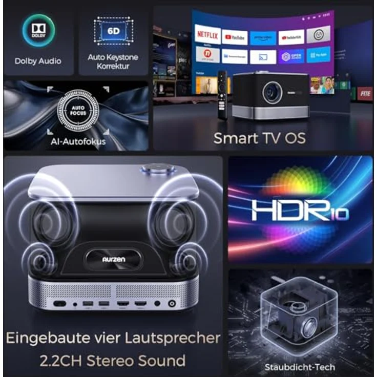 Aurzen BOOM 3 4K Beamer mit Dolby Audio, 500 ANSI, Autofokus, Trapezkorrektur, WiFi, Bluetooth, FHD 1080P, 36W Lautsprecher, grau – Bild 2