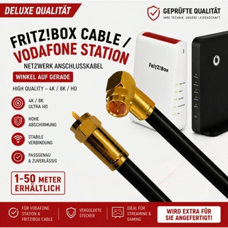 Fritz!Box Cable Vodafone Kabelanschluss Anschlusskabel High Quality 4K 8K HD Winkel - Gerade Schwarz 4m – Bild 3