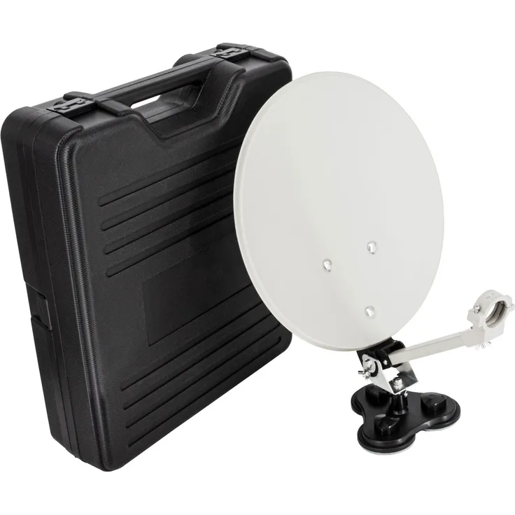 PREMIUM X Camping SAT Anlage, Tischhalter & Saugfuß, hellgrau, kompakt im Koffer, Ø 35 cm Reflektor