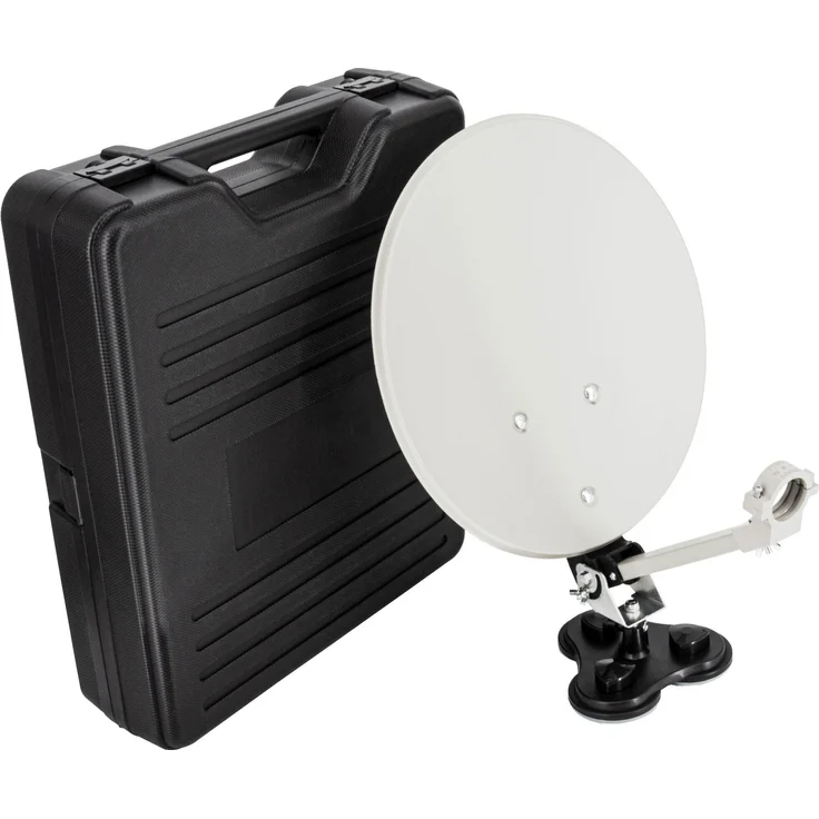 PREMIUM X Camping SAT Anlage, Tischhalter & Saugfuß, hellgrau, kompakt im Koffer, Ø 35 cm Reflektor