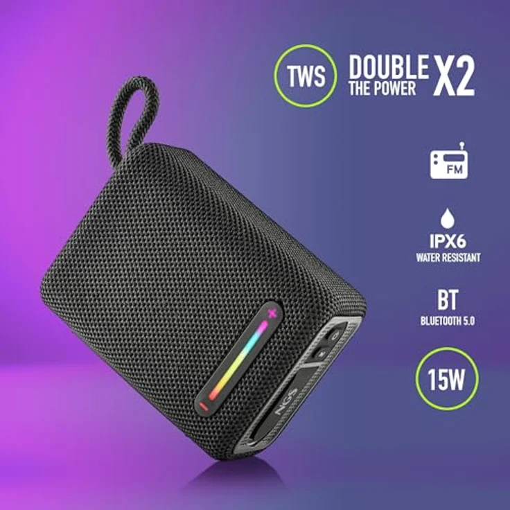 NGS Roller Furia 1 Black, Tragbarer Bluetooth Lautsprecher mit 15 W, RGB-Lichtern, IPX6 wasserdicht, True Wireless, 9 Stunden Akkulaufzeit, Schwarz – Bild 3