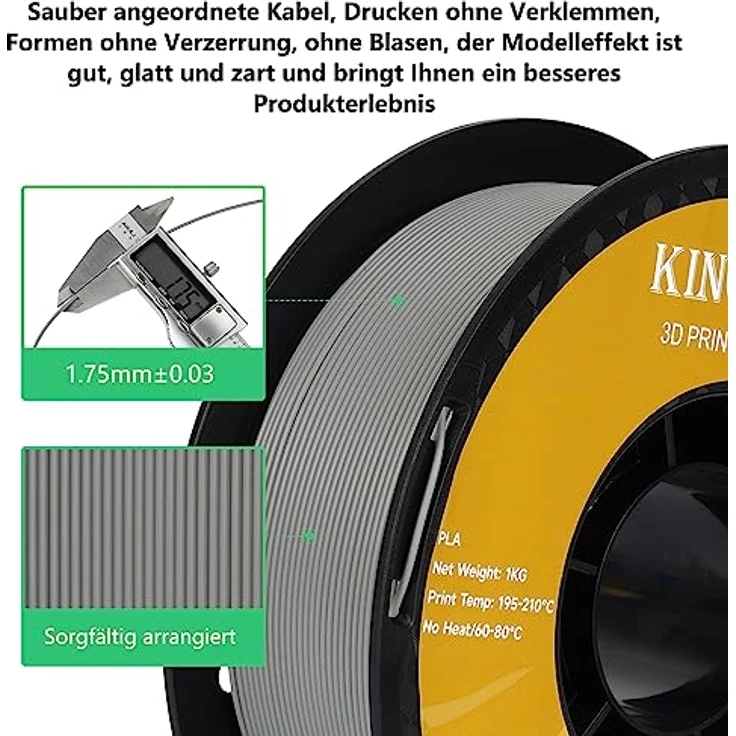 Kingroon PLA Filament 1.75mm, Maßgenauigkeit +/- 0.03mm, 1KG Spule, Grau, für FDM 3D Drucker – Bild 3
