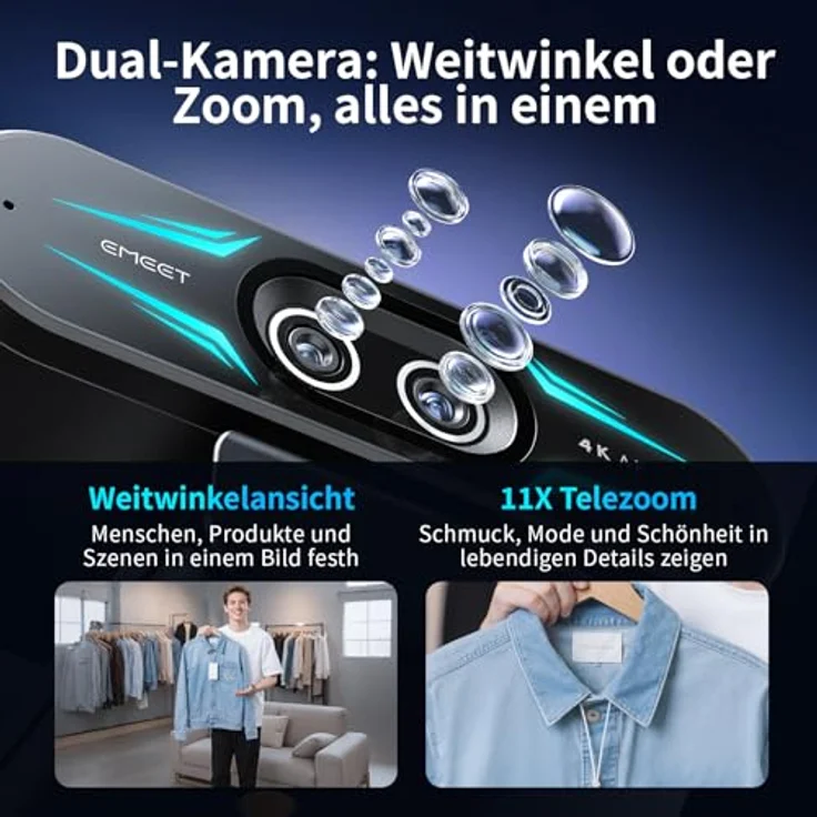 EMEET C60E, Dual-Kamera 4K-Webcam mit 11-fachem Hybrid-Zoom, Weitwinkel- und Teleobjektiv, RGB-Beleuchtung, 2 Mikrofone, Fernbedienung, ideal für Livestreaming – Bild 3