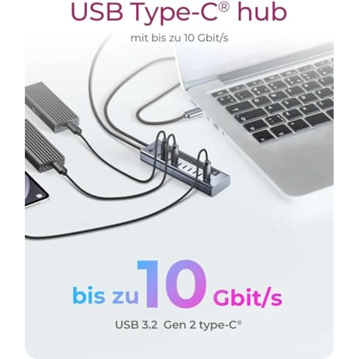 ICY Box IB-HUB1450-C31, 10-Port USB-C Hub mit 9x USB 3.2 Gen 2 (10 Gbit/s), 1x USB-C Power Delivery 20 W, Aluminiumgehäuse, 60 cm Kabel, inkl. Netzadapter – Bild 2