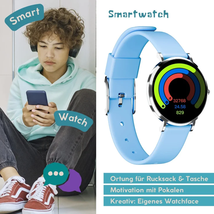XCOAST LINO-TIME, flache Kindersmartwatch mit SOS-Notfalltaste, Gesundheitsfunktionen und über 200 Watchfaces, blau