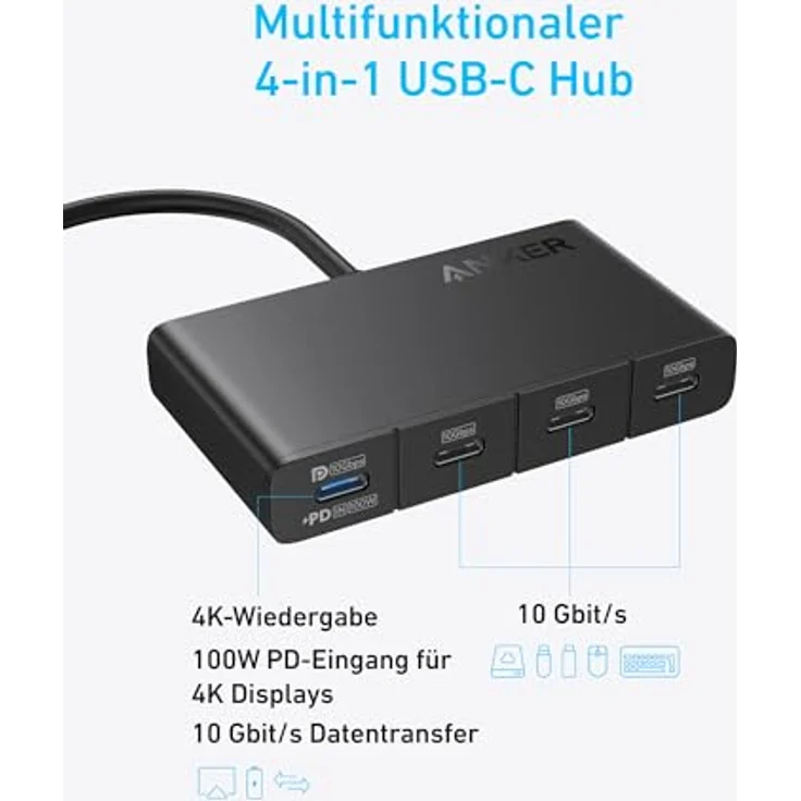 Anker USB-C Hub, 4-Port 10Gbps USB 3.2 Display-Hub mit 100W PD-IN, für MacBook Pro/Air, iPad, iPhone 15, Surface Pro, Dell, HP, 4K@60Hz, kompaktes Gehäuse aus 75% recyceltem Material – Bild 2