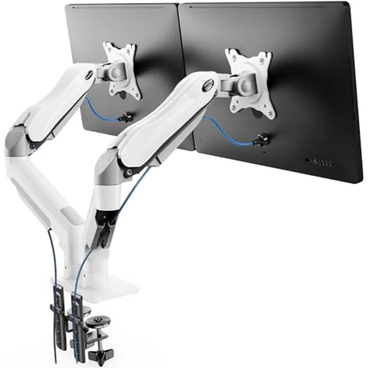 HUANUO Monitor Halterung 2 Monitore für 13 bis 32 Zoll, 360° Drehbar, VESA 75 & 100, mit 2 Montageoptionen, weiß