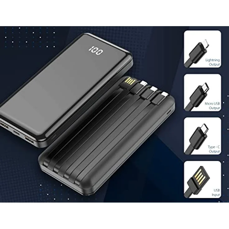 Forever Powerbank 10000 mAh, Powerbank mit USB-C, Lightning und microUSB Kabel, für Huawei, iPhone und Samsung – Bild 4