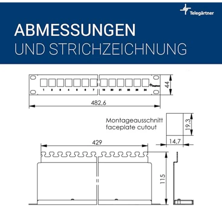 Telegärtner 100021497 24 Port Netzwerk-Patchpanel CAT 6a, 483mm (19"), 1 HE, unbestückt, Schwarz – Bild 3