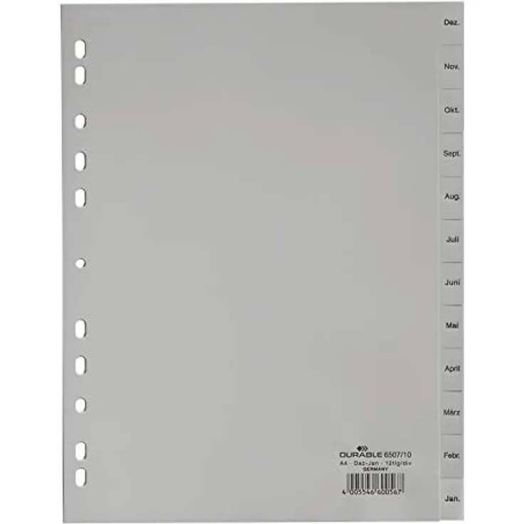 Durable 6507-10 Register Kunststoff Dez - Jan, A4, 12-teilig, grau