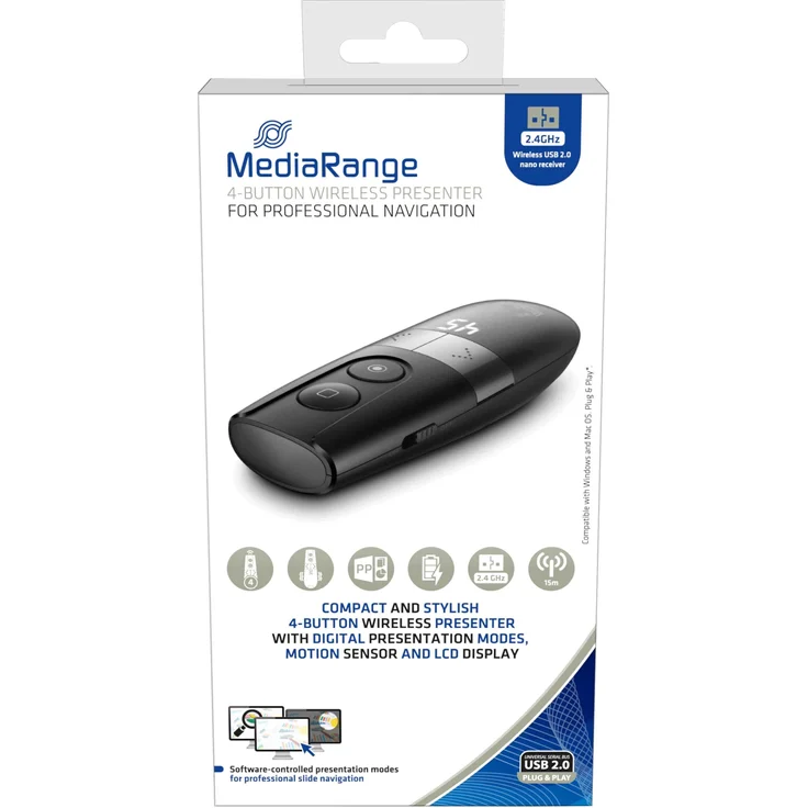 Q-Connect Presenter, Drahtloses Präsentationshilfsmittel mit Hervorhebungs- und Vergrößerungsfunktion, inkl. USB-Empfänger, Schwarz