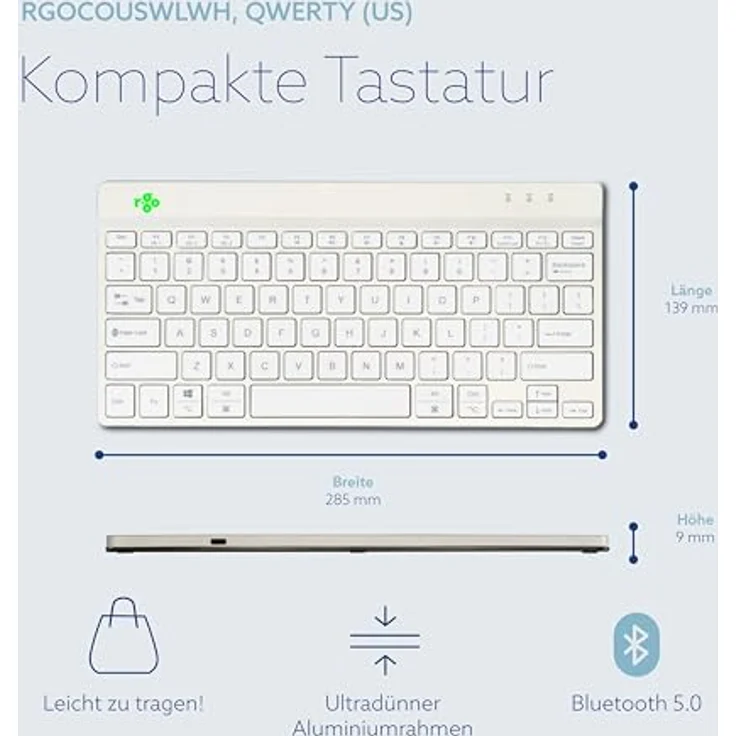 R-Go Compact Break Tastatur, Bluetooth 5.0, QWERTY US Layout, Mit Anti-RSI Software, Ergonomische flaches Design, Kompatibel mit Windows/Microsoft/Linux/Mac, Weiss – Bild 3