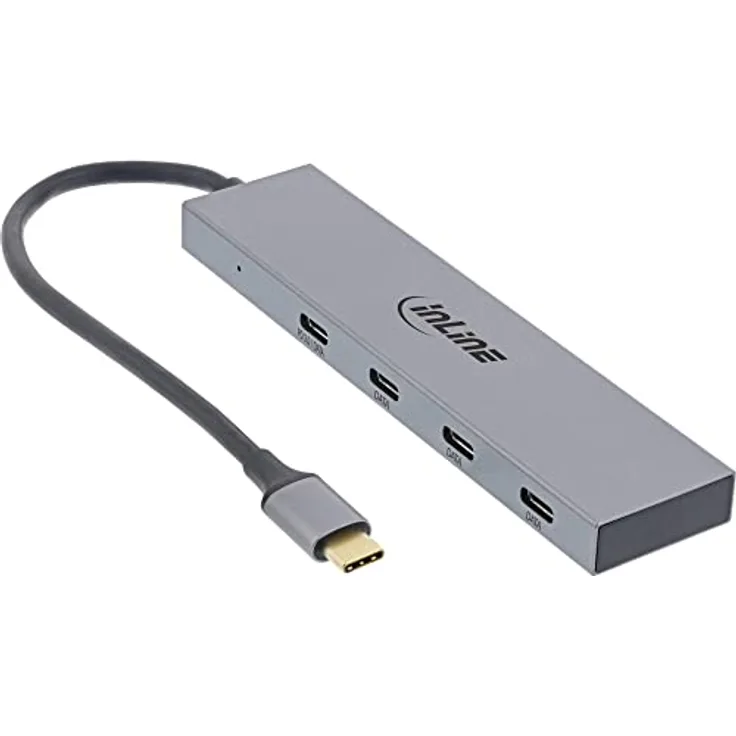 InLine® USB 3.2 Gen.2 Hub (10Gb/s), USB Typ-C zu 4 Port Typ-C (1 Port Power Through bis 100W), OTG, Aluminiumgehäuse, grau, ohne Netzteil