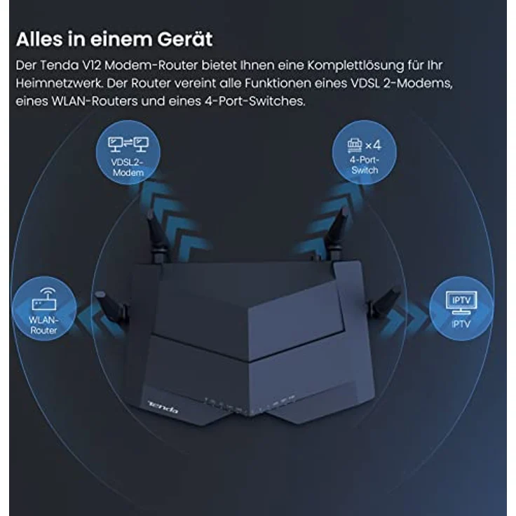 Tenda V12 Modem Router(AC1200 300 Mbit/s bei 2,4GHz + 867 Mbit/s bei 5GHz, 3x Gigabit-LAN-Port +1x Gigabit-WAN) Beamforming, Unterstütztes VPN/IPTV/IPv6/ WPS|100-240V |50/60Hz ≤ 18 W Leistungsaufnahme – Bild 5