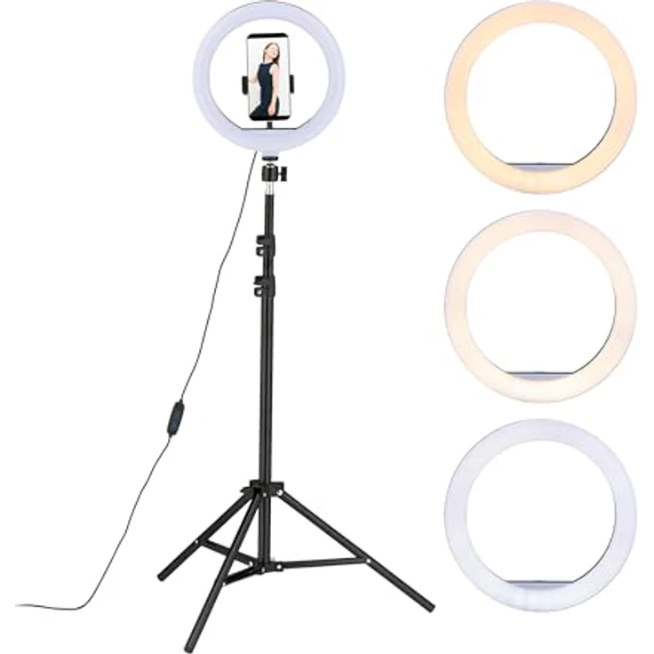 relaxdays Ringlicht LED Ringlicht mit Stativ, dimmbar, 132 LEDs, 3 Lichtmodi, Weiß/Schwarz – Bild 1