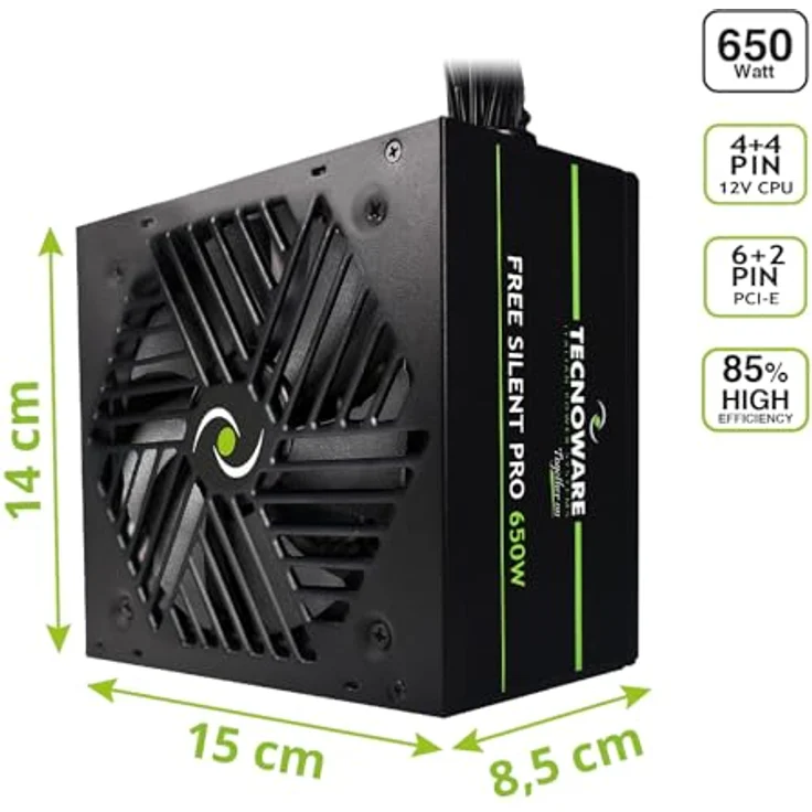 Tecnoware Netzteil Free Silent PRO 650, für NVIDIA GeForce GTX - RTX Grafikkarte, leiser Lüfter, PCI-E Anschlüsse, CPU 4+4, SATA, Molex – Bild 2