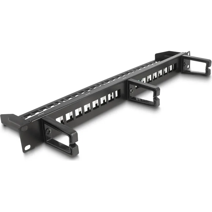 Delock 66237 Patch-Panel 1 HE Schwarz, 19″ Einbau mit Kabelführungsbügel und Entlastungsschiene für 16 Keystone Module