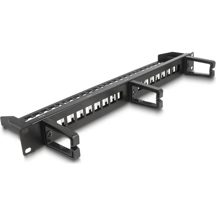 Delock 66237 Patch-Panel 1 HE Schwarz, 19″ Einbau mit Kabelführungsbügel und Entlastungsschiene für 16 Keystone Module