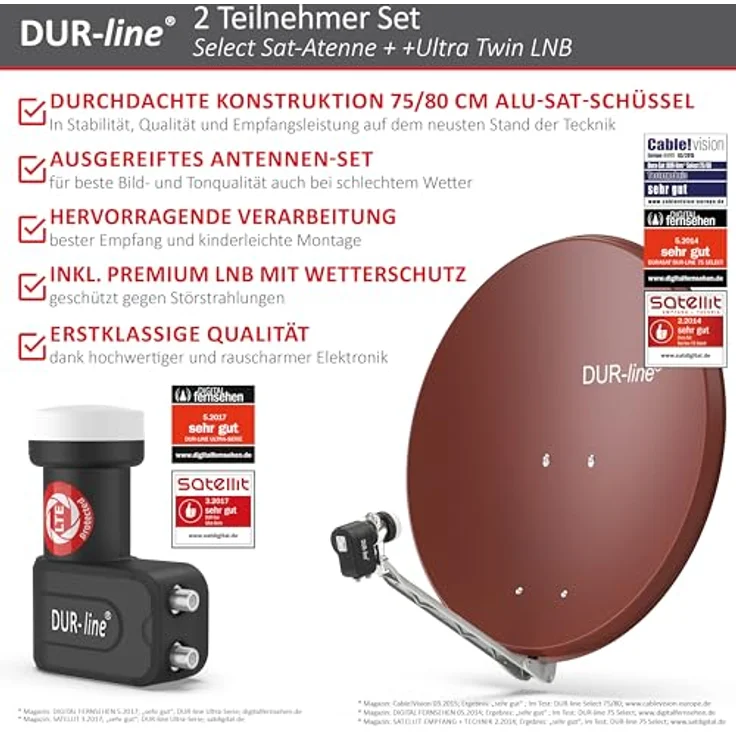 DUR-line 2 Teilnehmer Set - Qualitäts-Alu-Satelliten-Komplettanlage - Select 75/80cm Spiegel/Schüssel Rot + Twin LNB - für 2 Receiver/TV [Neuste Technik, DVB-S2, 4K, 3D] – Bild 3