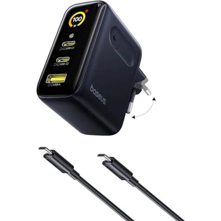 Baseus 100W Picogo USB C Ladegerät, 3-in-1 Schnellladegerät mit Smart Display & Touch Control, kompakt und faltbar, GaN Technologie, kompatibel mit MacBook und iPhone 17/16/15/14