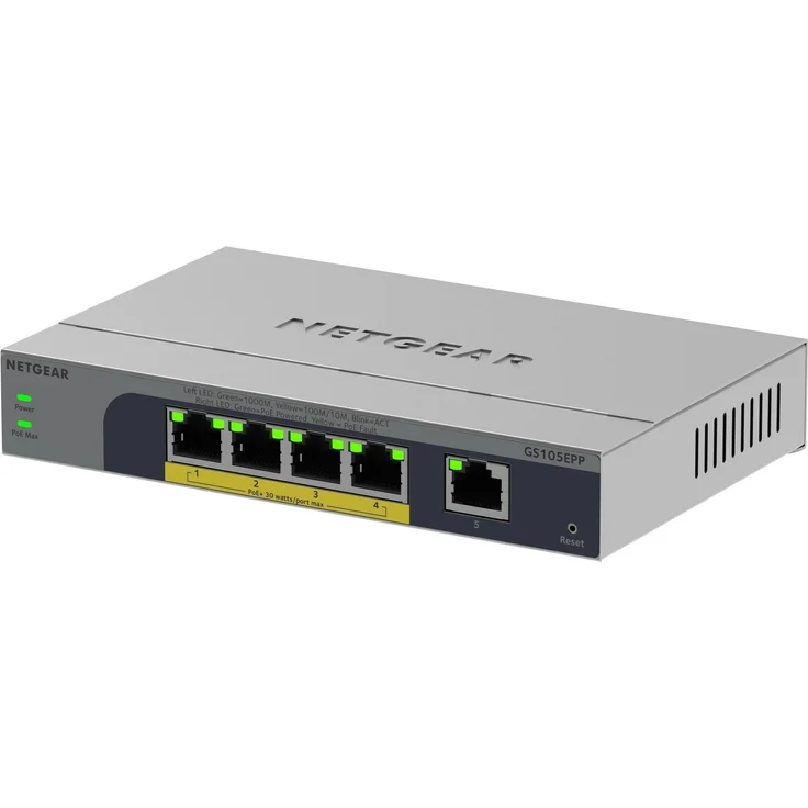 Netgear GS105EPP, 5-Port Gigabit PoE Switch mit 120 Watt PoE-Budget, lüfterlos und Smart-Managed, Schwarz – Bild 1