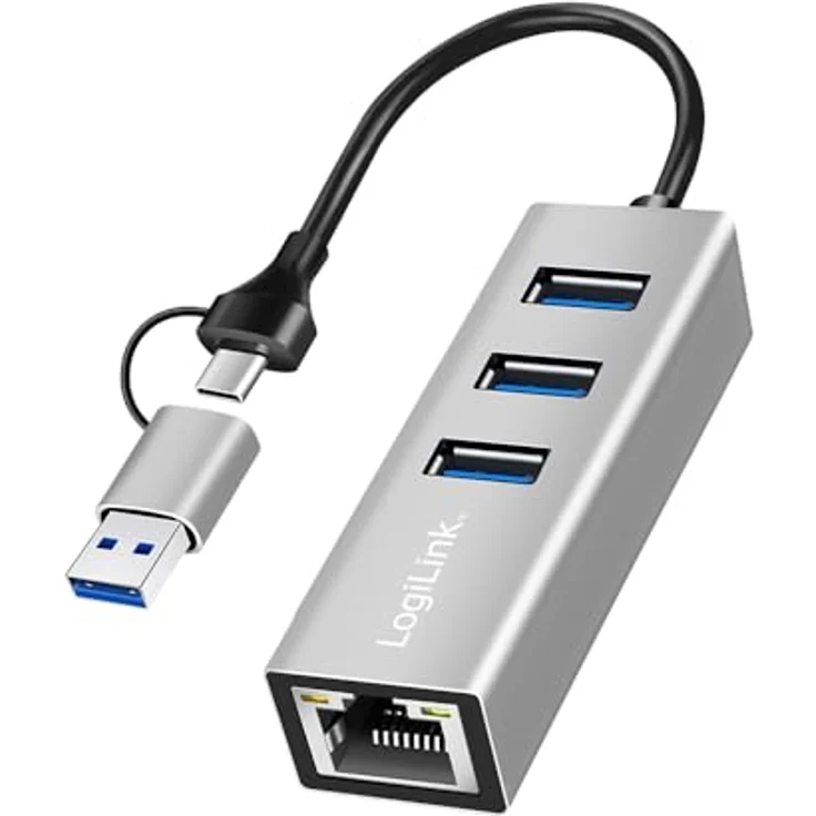 LogiLink USB3.2 Hub UA0440, 4-Port Konverter mit Gigabit Ethernet und Aluminiumgehäuse, silber – Bild 1