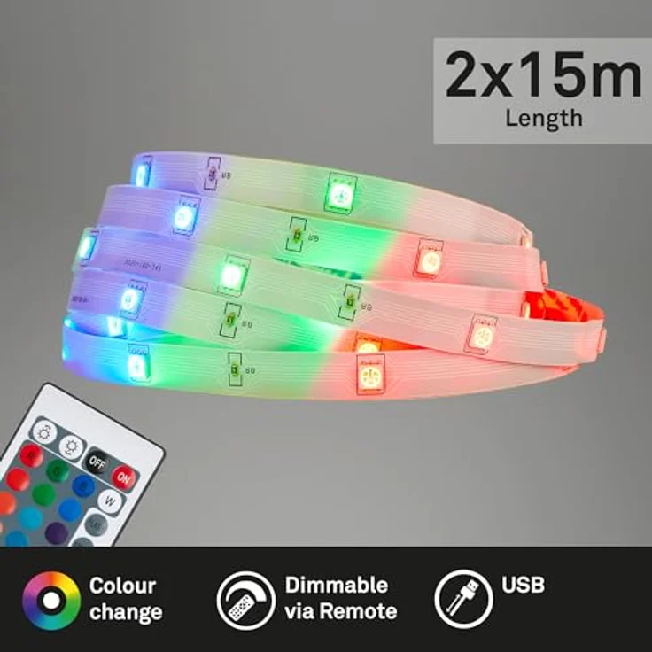 BRILONER LED Strip 30m, RGB bunte Lichtfarben mit Fernbedienung, selbstklebend, für Zimmer Deko und Gaming, weiß – Bild 2