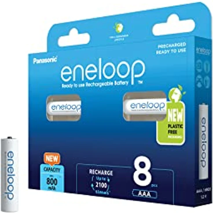 Panasonic eneloop, Ready-to-Use Ni-MH Akku, AAA/Micro, 8er-Pack, verbesserte Kapazität: min. 800 mAh, 2100 Ladezyklen, hohe Leistung & geringe Selbste, BK-4MCDE/8BE, blue, Neu: 8er Pack – Bild 1