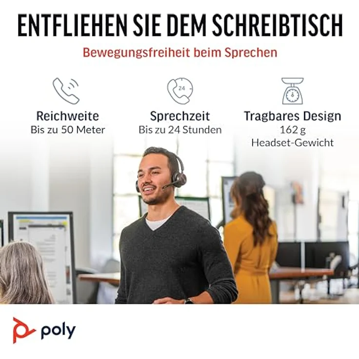 POLY Voyager 4320 UC, Schnurloses Stereo-Headset mit Noise Cancelling-Mikrofon, Bluetooth-Verbindung, bis zu 24 Stunden Akkulaufzeit, inklusive Ladestation und Tragetasche – Bild 4