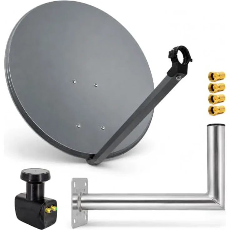 PremiumX Satellitenanlage PXS80, 80cm Antenne mit Twin LNB 0,1dB in Schwarz, pulverbeschichtet, Wandhalter 45cm aus Aluminium – Bild 1