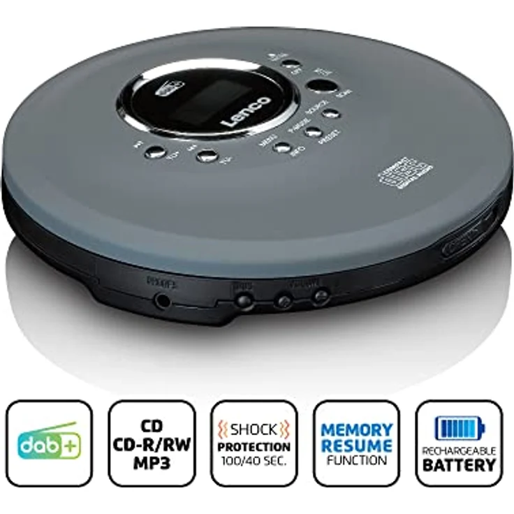 Lenco CD-400 - Tragbarer CD-Player - Discman - DAB+ Radio - CD, CD-R/RW, MP3-Player - Senderspeicher - Hörbuchfunktion - Antishock - integrierter Akku 1000mAH - Grau – Bild 5