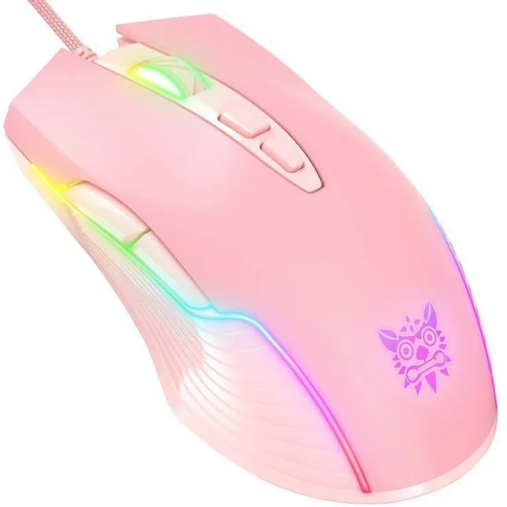 Onikuma CW905, Kabelgebundene Gaming-Maus mit 7 Tasten, 6-fach DPI Einstellbarkeit und RGB Beleuchtung, rosa