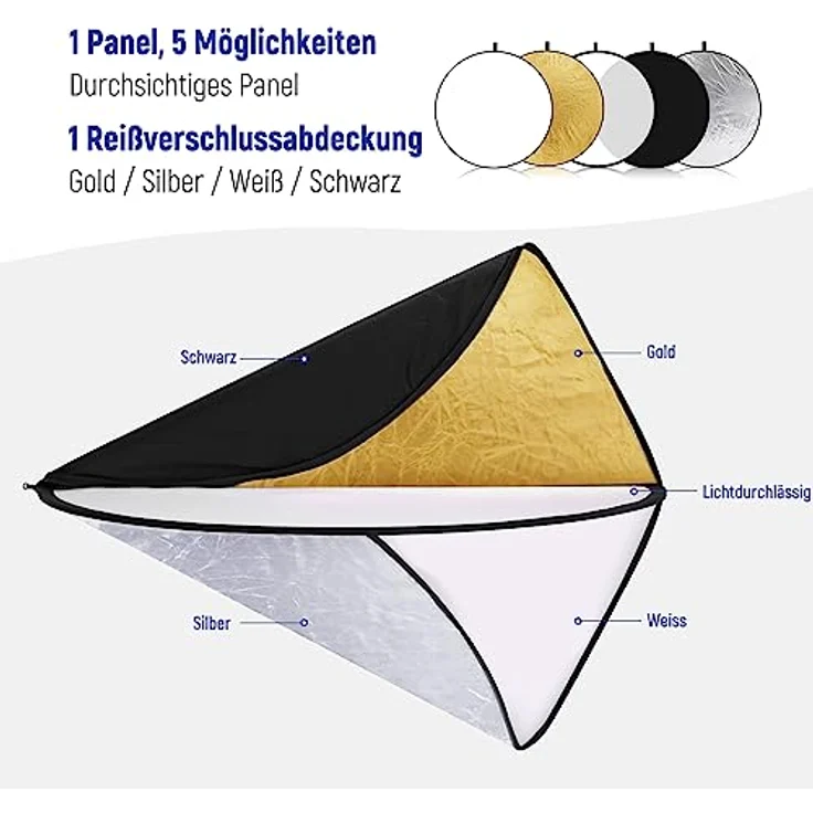 Neewer 110 cm 5-in-1 Faltbare Reflektoren Set mit Tasche - gold/silber/weiß/schwarz/transparent - Preisvergleich – Bild 3