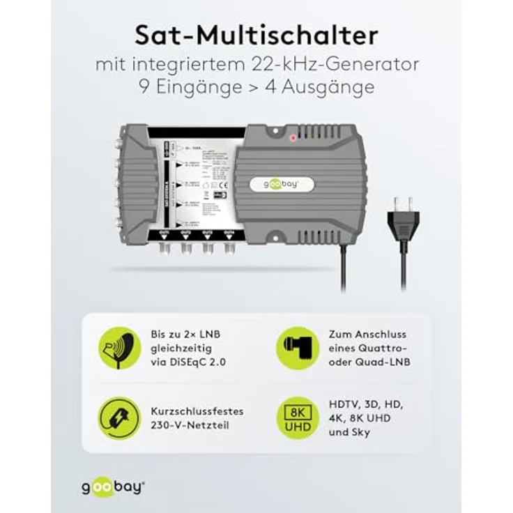 goobay 64879 Sat-Multischalter/Kompakt-Multischalter / 9 Eingänge / 4 Ausgänge / 4K, 8K UHD/DAB+ / für 4 Teilnehmer – Bild 2