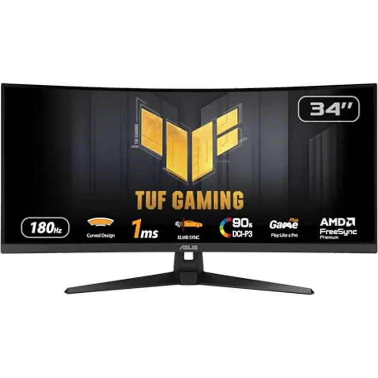ASUS TUF Gaming VG34VQ3B - 34 Zoll UWQHD Curved Monitor - 180 Hz, 1ms MPRT, FreeSync, ELMB, DisplayHDR 400 - VA Panel, 21:9, 3440x1440, DisplayPort, HDMI, USB, ergonomisch, Speaker, Schwarz