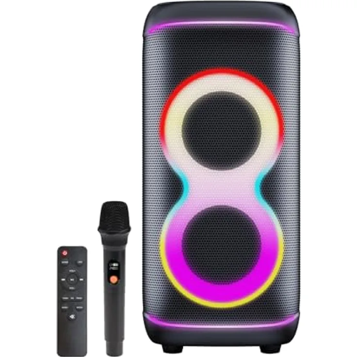 DENVER BPS-370, Bluetooth Lautsprecher mit 100 W RMS, synchronisierten LED-Effekten und IPX4 Spritzwasserschutz, tragbar mit Griff und Rollen