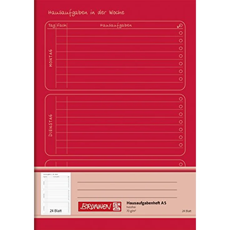 Brunnen Hausaufgabenheft (A5, 24 Blatt) mit Tageseinteilung, rot – Bild 1