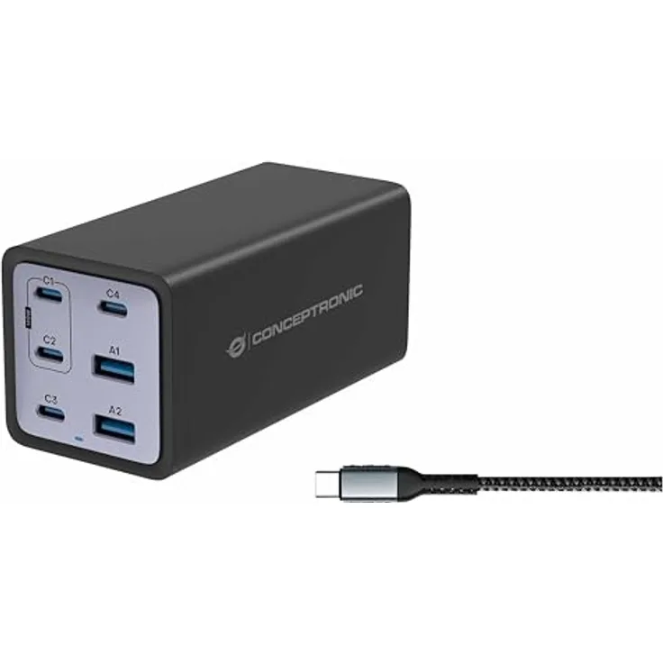 Conceptronic Ladegerät 6Port 200W,4xUSB-C,2xUSB-A +3-in-1 sw, PD 3.1-Technologie, MacBook Pro 16", Nintendo Switch, MacBook Air, Dell-Laptops