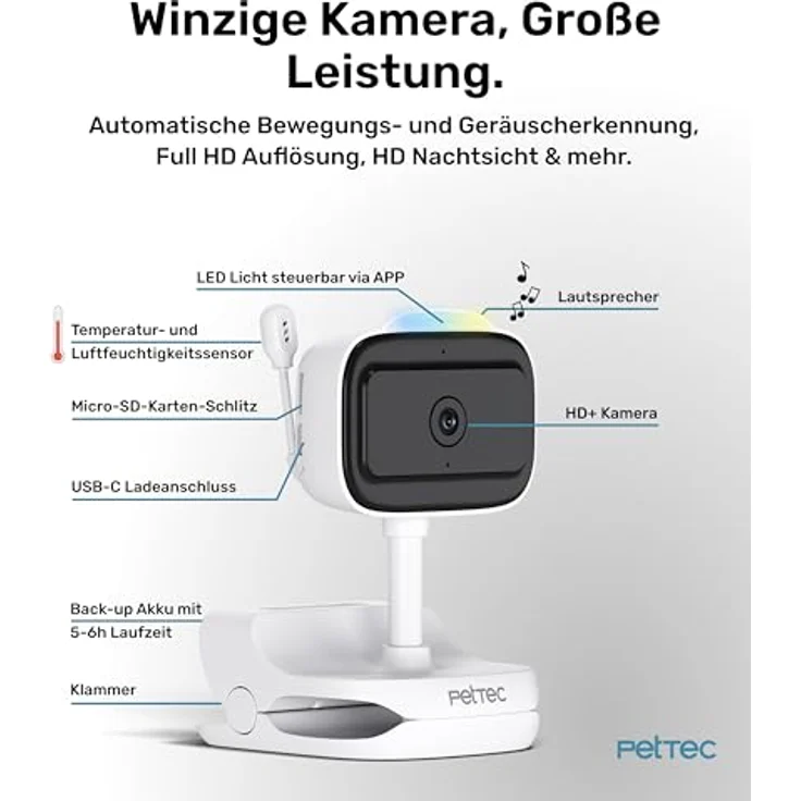 PetTec® Cam Feel Sensor - Überwachungskamera Innen für Haustiere & Babys mit App [HD+] - Haustierkamera Hundekamera mit Bewegungs- & Geräuscherkennung - Babyphone mit Kamera & Nachtsichtfunktion – Bild 2